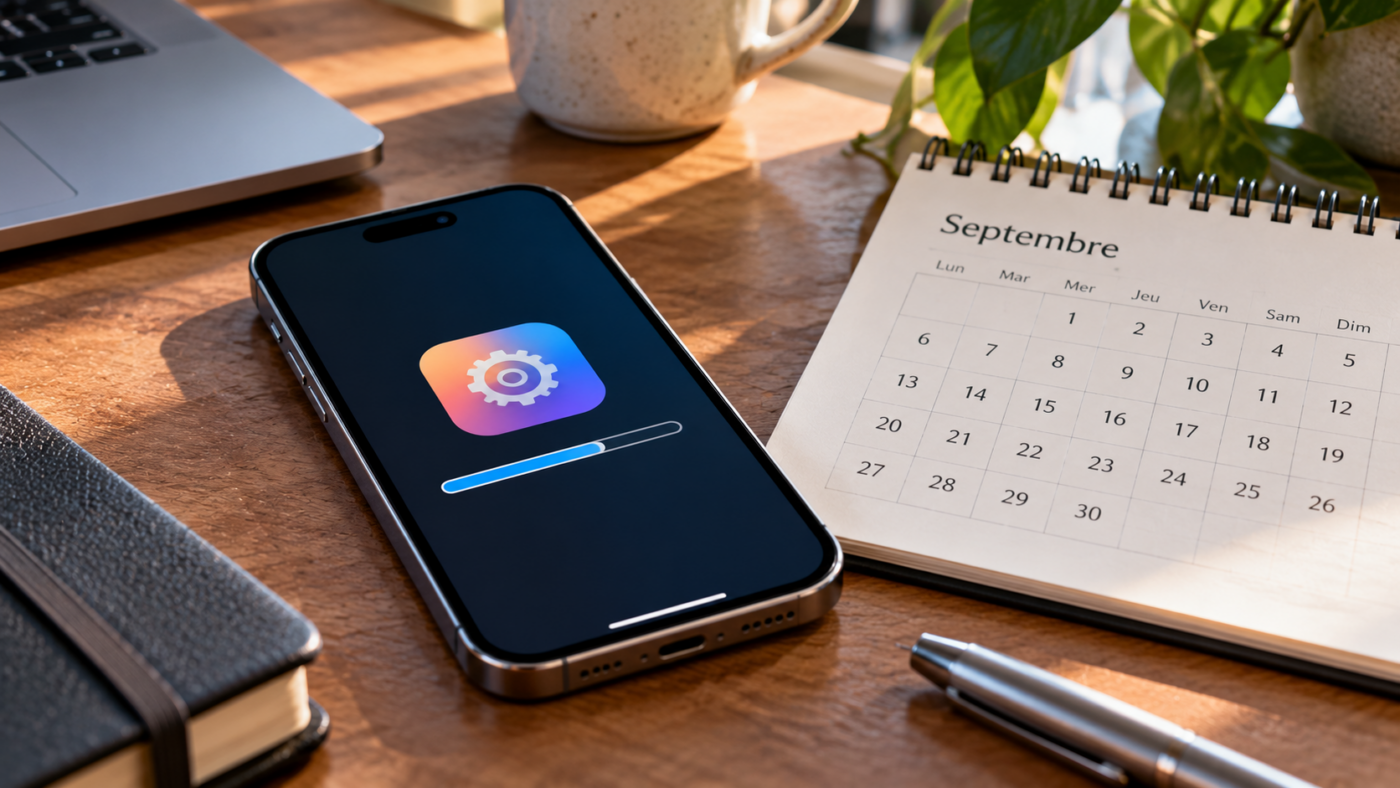 Un smartphone posé sur un bureau à côté d’un calendrier ouvert sur septembre, une barre de mise à jour à l’écran