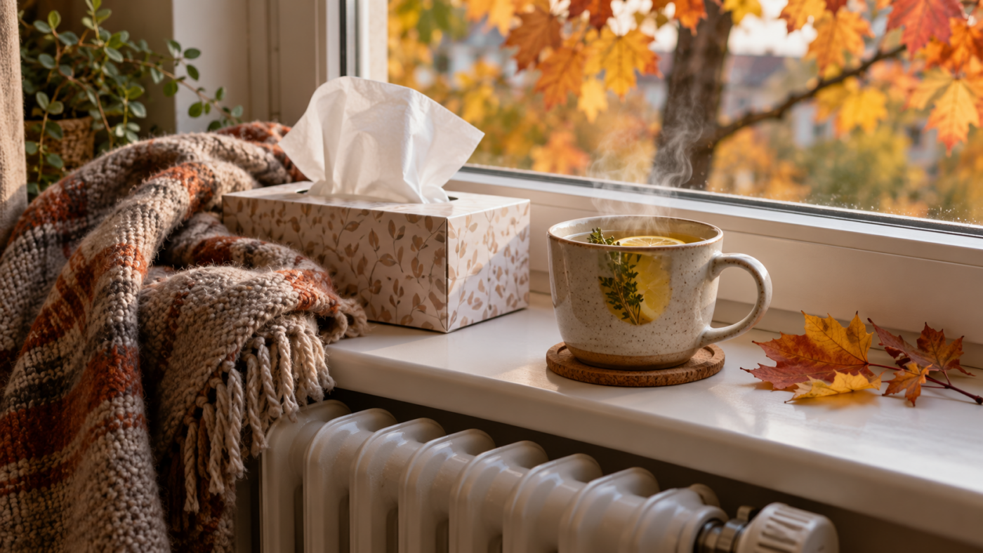 Boîte de mouchoirs et tasse de tisane sur un rebord de fenêtre au-dessus d’un radiateur, feuilles d’automne derrière la vitre