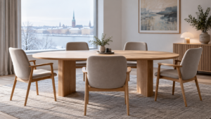 Une table de réunion en bois clair entourée de cinq chaises vides, dans une salle nordique baignée d’une lumière d’hiver.
