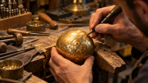 Les mains d’un ciseleur travaillent une sphère de laiton dorée sur un établi de joaillier.