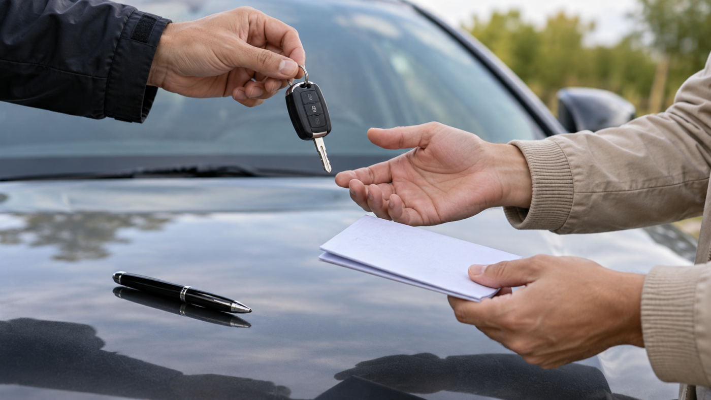Deux paires de mains échangent des clés de voiture et un document plié sur le capot, un stylo posé à côté.