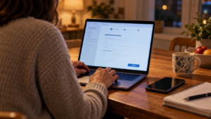 Un ordinateur portable ouvert sur un formulaire en ligne, posé sur une table de cuisine le soir, à côté d’un smartphone