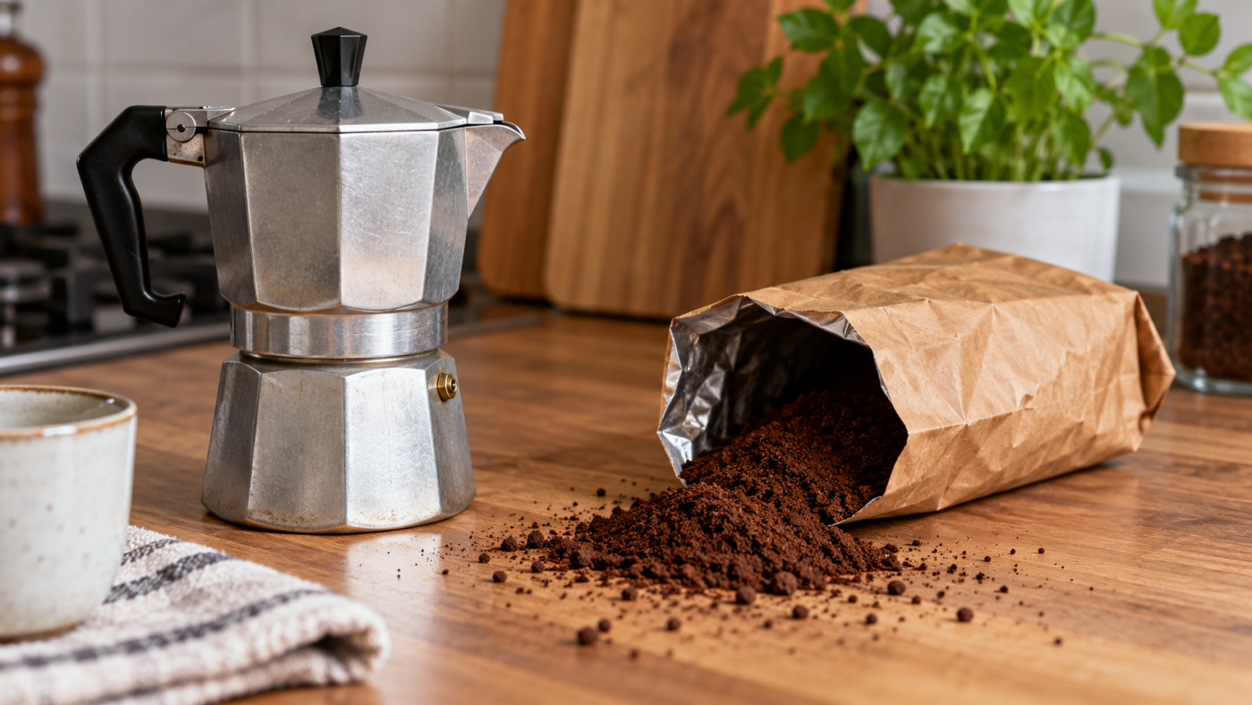 Une cafetière italienne et un sachet de café moulu retourné sur un plan de travail