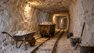 Galerie étroite creusée dans la craie blanche, éclairée par quelques ampoules, avec des rails, un wagonnet, une brouette et des seaux.