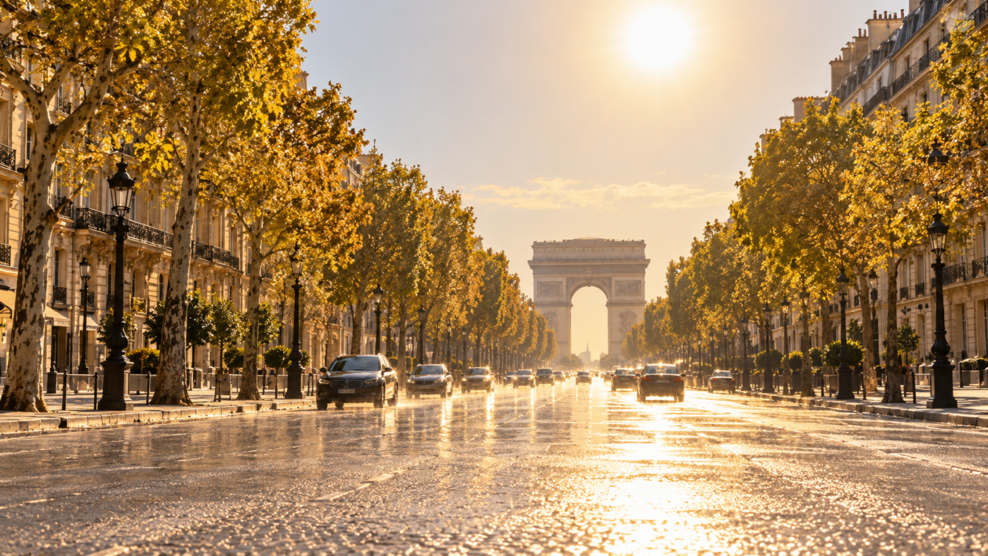 Un boulevard parisien sous une chaleur d’été, platanes jaunis et air qui tremble au-dessus du bitume