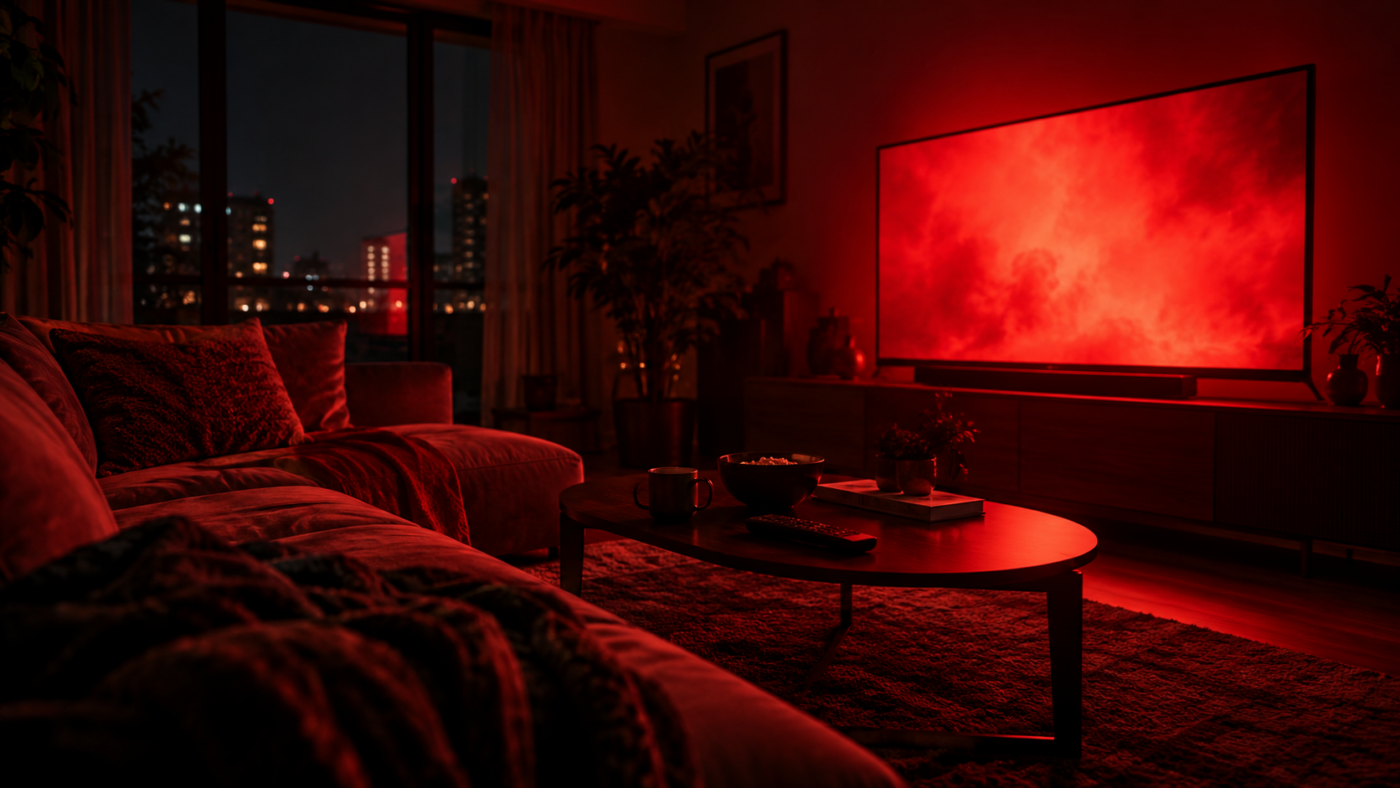 Un salon plongé dans la pénombre, éclairé par la lueur rouge d’un écran de télévision.