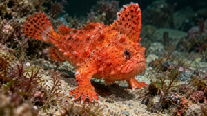 Un petit poisson rouge couvert de verrues, posé sur ses nageoires en forme de mains au pied d’un récif sableux