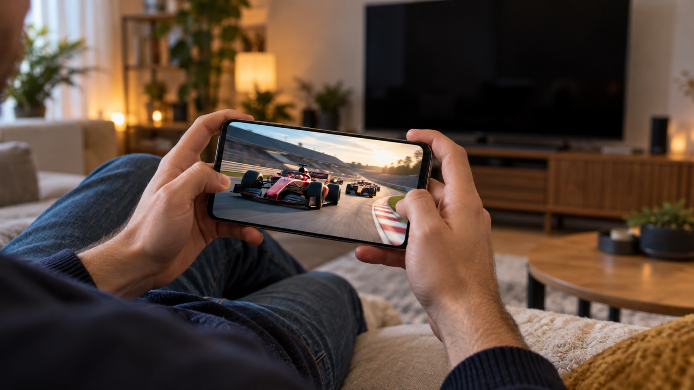 Un téléphone tenu à l'horizontale sur un canapé diffuse une course automobile, la télévision éteinte en arrière-plan