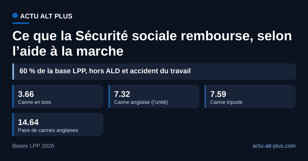 Sur ordonnance, une paire de cannes anglaises rapporte 14,64 euros ; à l’unité, une canne tripode rapporte un peu plus qu’une canne anglaise.