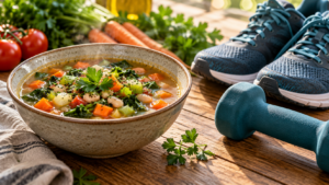 Un bol de soupe de légumes posé sur une table en bois à côté d’une paire de baskets et d’un petit haltère
