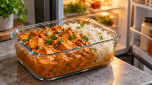 Une boîte en verre remplie de poulet au beurre et de riz, posée près d'un réfrigérateur ouvert.