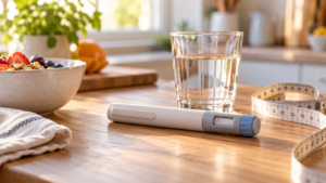 Un stylo injecteur hebdomadaire posé sur une table de cuisine, à côté d’un verre d’eau et d’un mètre ruban, dans la lumière du matin.
