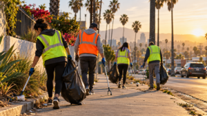Un groupe de bénévoles en gilets fluorescents ramasse des déchets avec des pinces sur un trottoir bordé de palmiers, vu de dos, au petit matin.