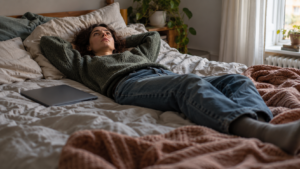 Un adulte allongé tout habillé sur un lit défait en plein après-midi, le regard au plafond, un ordinateur portable fermé posé à côté de lui.