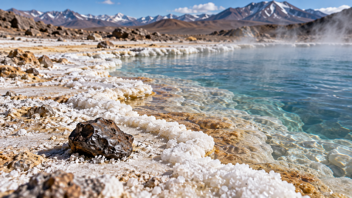 Croûtes blanches de sel de bore au bord d'une source chaude d'altitude, un fragment de météorite posé sur la rive
