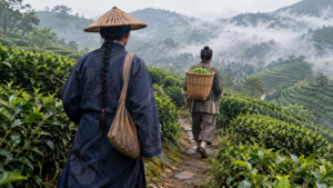 Sur un sentier de collines à thé brumeuses, un voyageur vu de dos en robe chinoise et longue natte suit un serviteur qui marche devant lui.