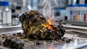 Un fragment de roche sulfurée sombre fume sur une paillasse de laboratoire, une lueur orangée au creux d’une fissure.