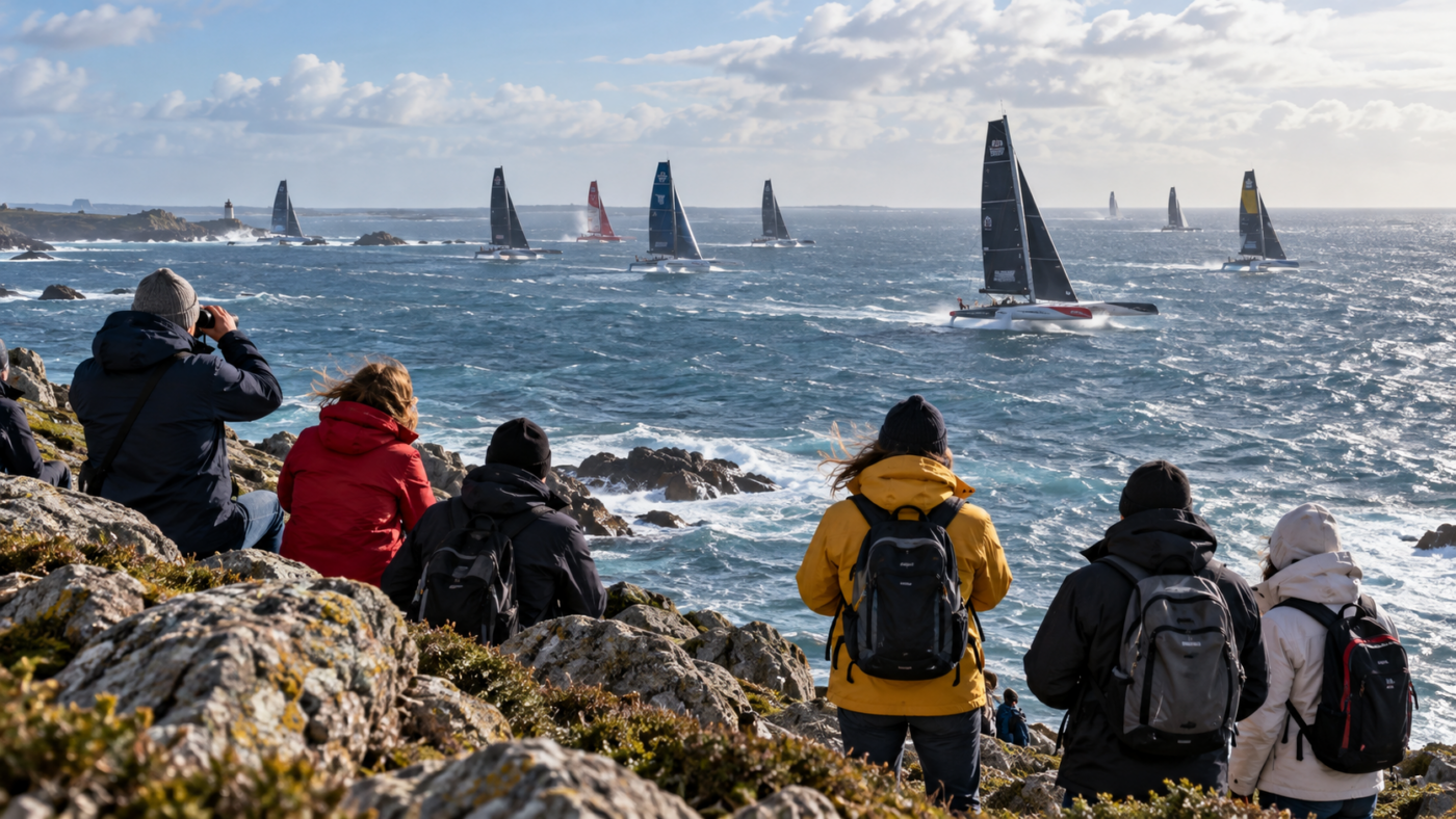Spectateurs de dos sur une pointe rocheuse bretonne, voiliers et trimarans de course au large sur une mer gris-bleu
