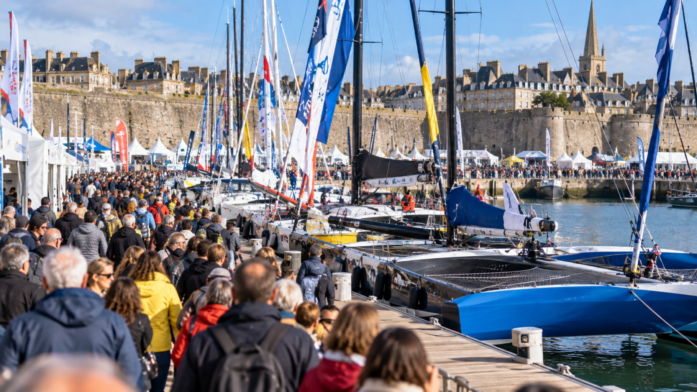 Foule de visiteurs sur les quais d’un bassin de Saint-Malo où sont amarrés des trimarans et des monocoques de course, au pied des remparts