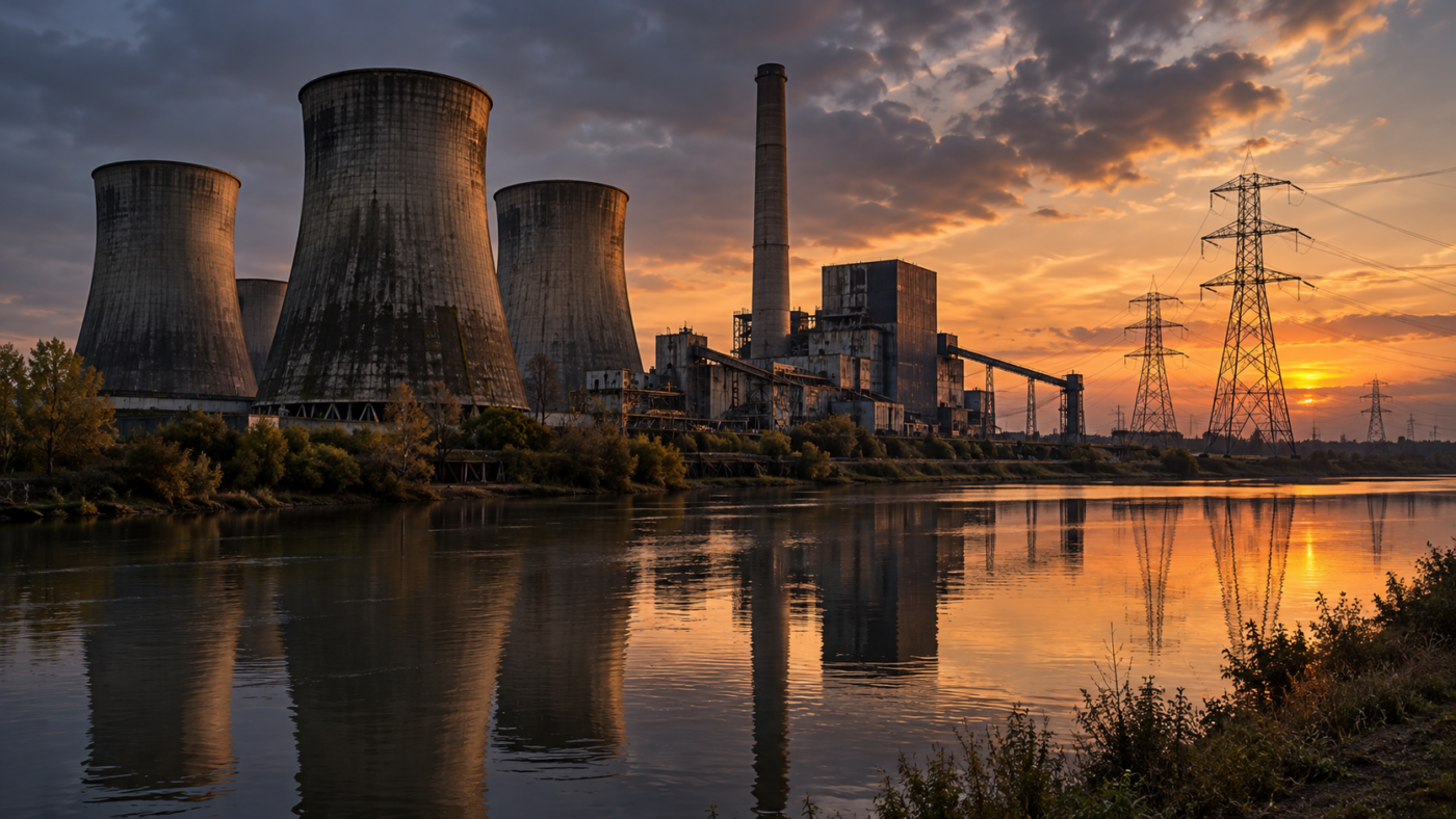 Centrale électrique désaffectée au bord d’une rivière anglaise, pylônes à haute tension filant vers l’horizon au crépuscule