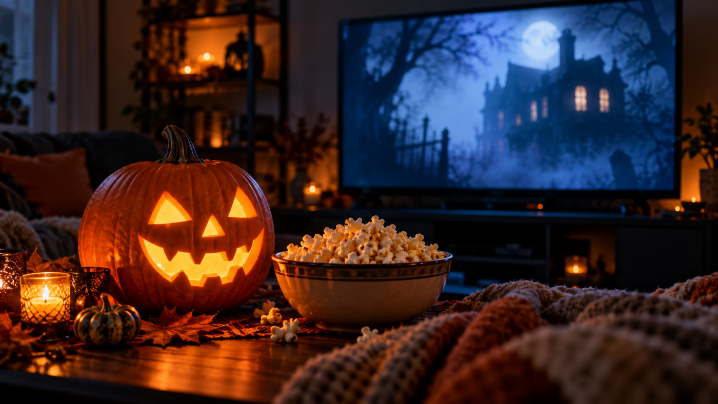 Un salon plongé dans la pénombre, une citrouille sculptée et un bol de pop-corn devant un écran allumé, un soir d’Halloween