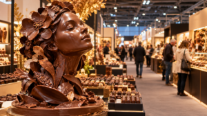 Allée d'un salon gourmand bordée de stands de chocolatiers, une grande sculpture en chocolat au premier plan