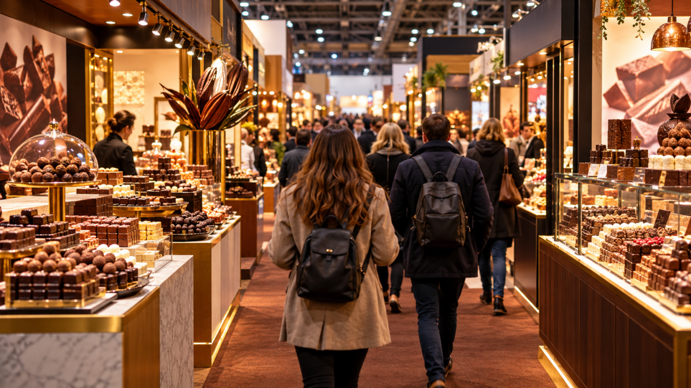 Allée d’un salon du chocolat bordée de stands de pralines, visiteurs de dos sous un éclairage chaud