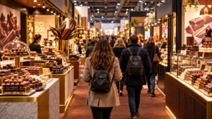 Allée d’un salon du chocolat bordée de stands de pralines, visiteurs de dos sous un éclairage chaud