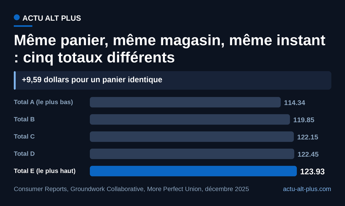 Seuls 8 % des 39 volontaires ont obtenu le total le plus bas ; le plus haut coûte 9,59 dollars de plus, soit 8,4 %. Test unique sur Instacart, Safeway de Seattle, 4 septembre 2025.