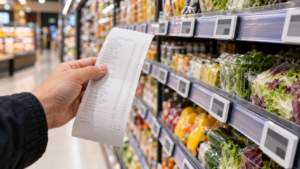 Rayon de supermarché équipé d’étiquettes électroniques, une main tient un ticket de caisse au premier plan