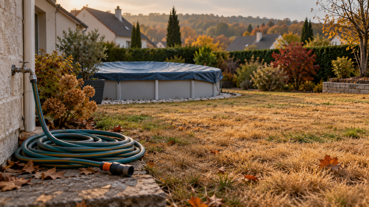 Tuyau d'arrosage enroulé près d'une pelouse jaunie et d'une piscine hors-sol bâchée, dans un jardin de banlieue en automne