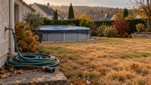 Tuyau d'arrosage enroulé près d'une pelouse jaunie et d'une piscine hors-sol bâchée, dans un jardin de banlieue en automne