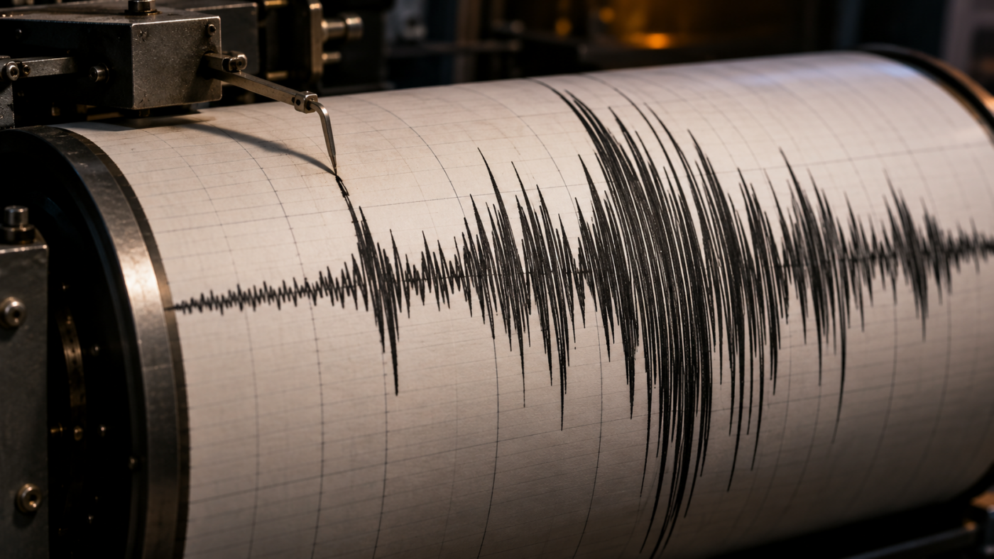 Un sismographe à tambour trace les grandes ondes d'une forte secousse