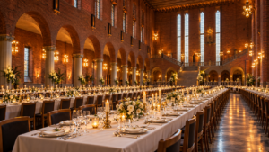 Une grande salle de banquet en brique rouge, de longues tables dressées de porcelaine et de verres sous une lumière dorée