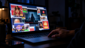 Écran d'ordinateur portable la nuit, lecteur vidéo flou recouvert de fenêtres publicitaires, une main près du pavé tactile