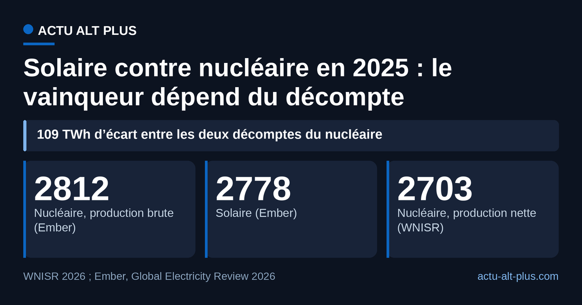 En production nette (WNISR), le nucléaire passe sous le solaire ; en production brute (Ember), il garde 34 TWh d’avance.