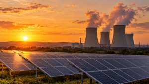 Rangées de panneaux solaires au premier plan, tours de refroidissement d’une centrale nucléaire au loin, au coucher du soleil