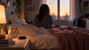 Chambre d’adolescent au petit matin, réveil et bracelet connecté posés sur la table de nuit, lit défait, silhouette assise de dos.