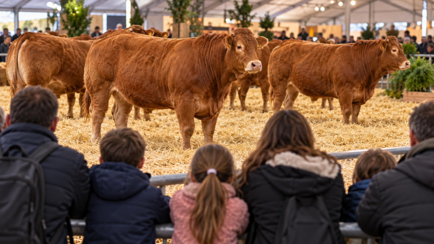 Des vaches limousines sur la paille d’un ring de concours, observées de dos par des familles accoudées à la barrière