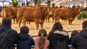 Des vaches limousines sur la paille d’un ring de concours, observées de dos par des familles accoudées à la barrière