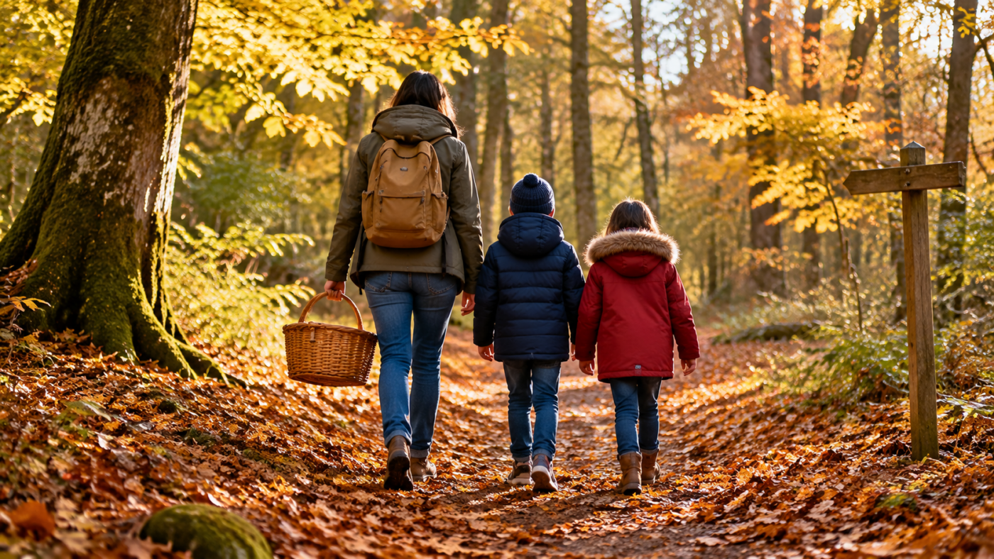 Un adulte et deux enfants, de dos, marchent sur un chemin forestier couvert de feuilles d’automne, un panier à la main