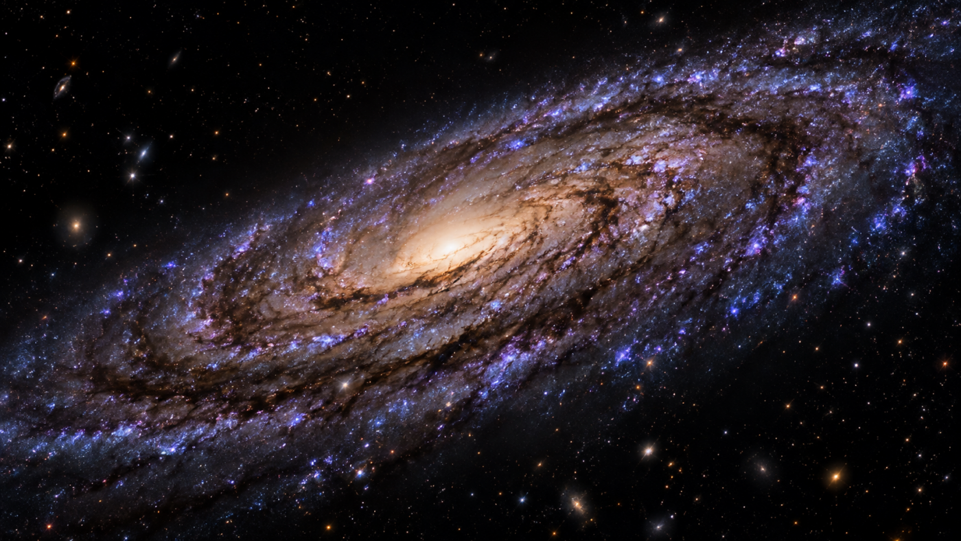 Galaxie spirale vue de biais, disque strié de poussières et petits points lumineux bleu-violet répartis dans les bras.