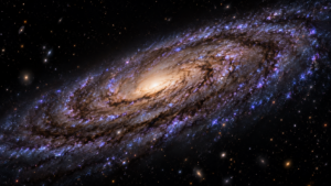 Galaxie spirale vue de biais, disque strié de poussières et petits points lumineux bleu-violet répartis dans les bras.