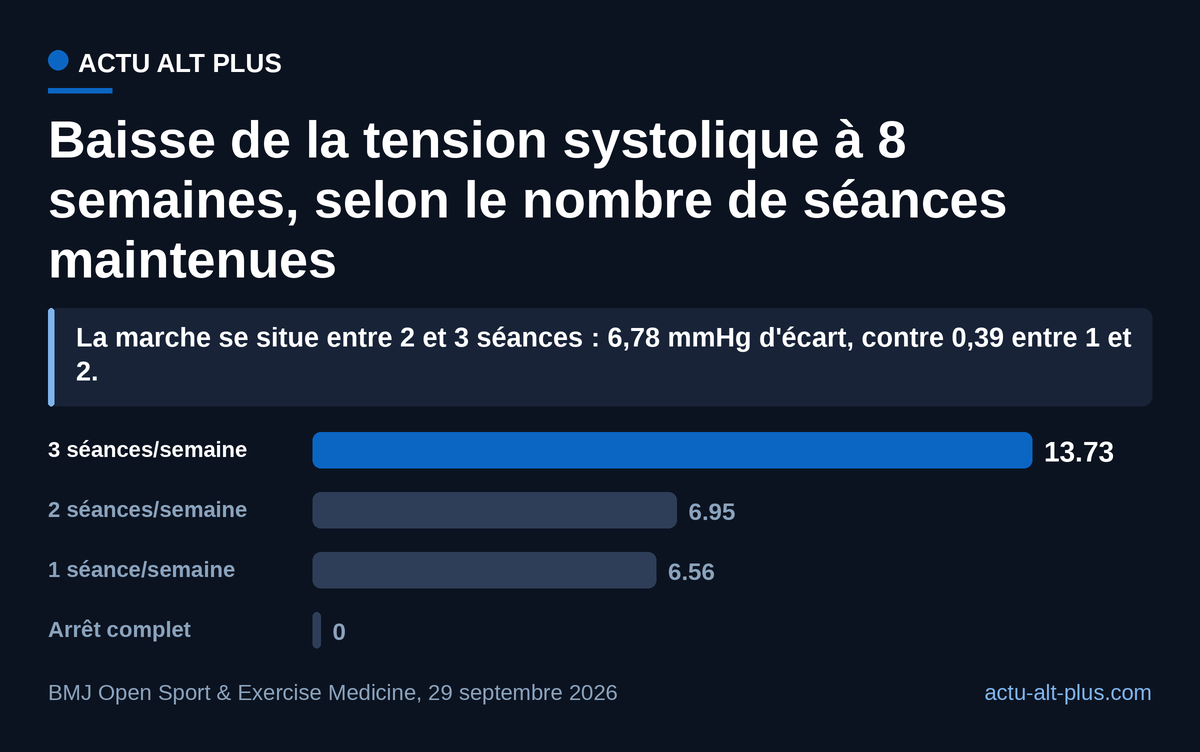 Trois séances par semaine font plus que doubler le bénéfice d'une seule, et l'arrêt complet ramène la tension au niveau du groupe témoin. Limite : la phase de maintien n'a duré que quatre semaines.