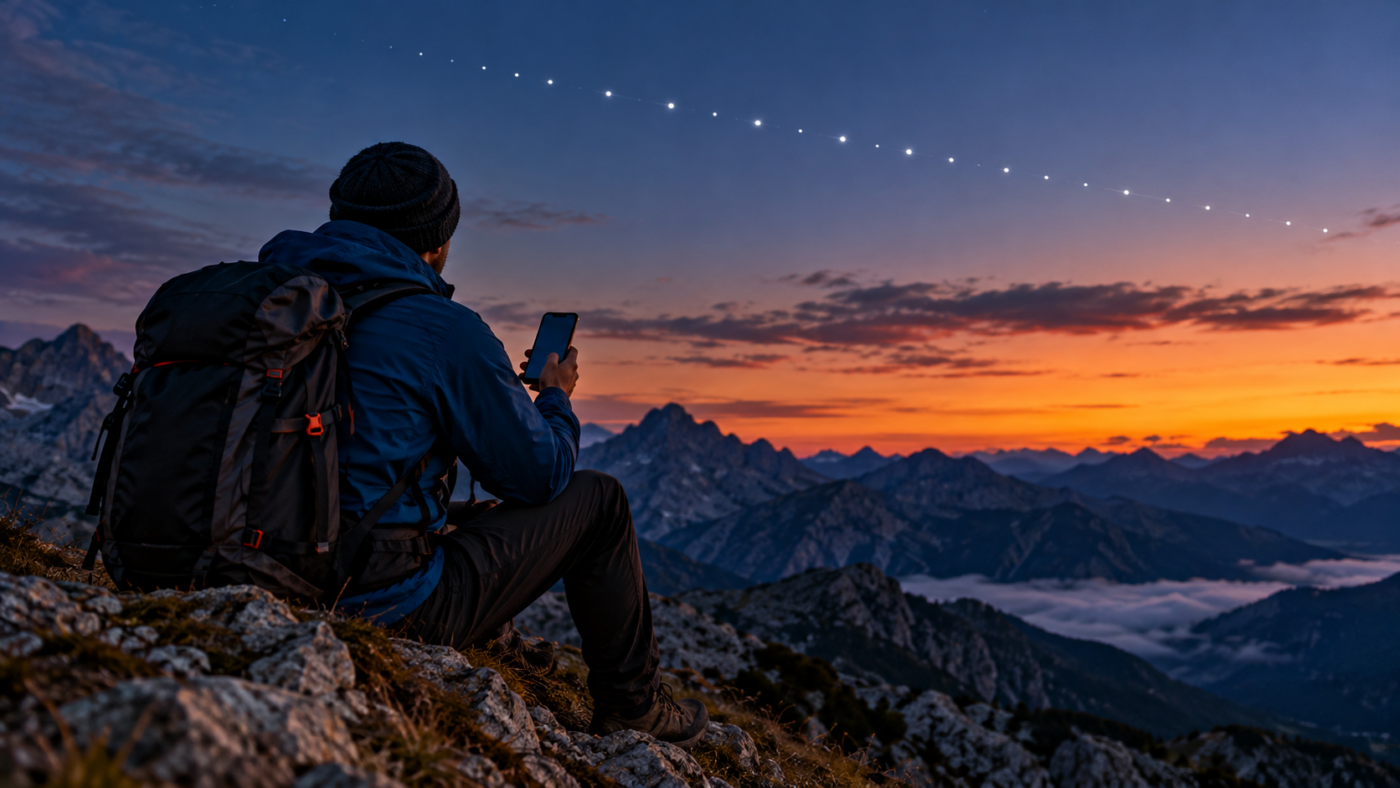 Randonneur de dos sur une crête alpine au crépuscule, smartphone en main, sous un ciel traversé par une file de satellites
