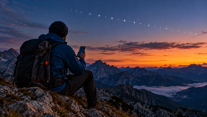Randonneur de dos sur une crête alpine au crépuscule, smartphone en main, sous un ciel traversé par une file de satellites