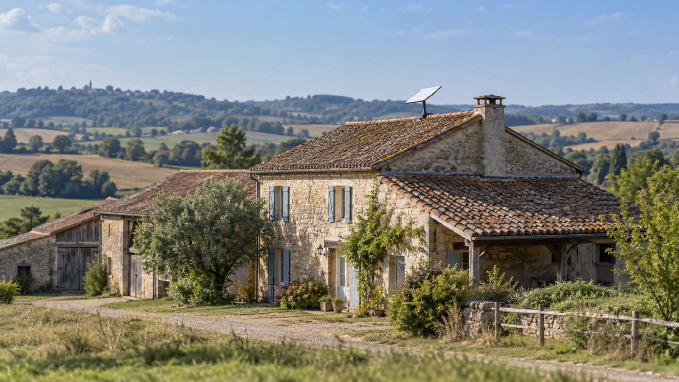 Une ferme isolée de la campagne française, une antenne satellite plate posée sur le faîte du toit