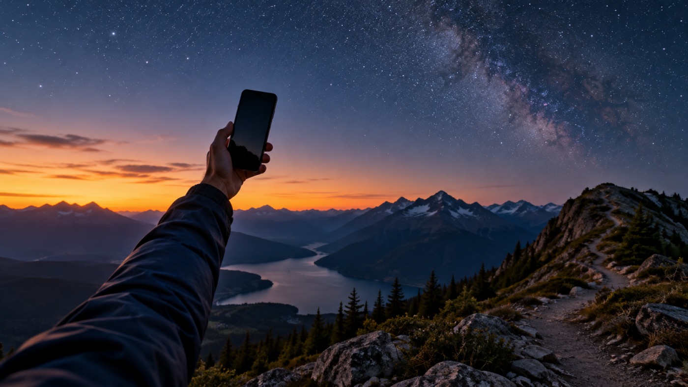 Une main tient un smartphone ordinaire tendu vers un ciel étoilé, sur un sentier de montagne au crépuscule