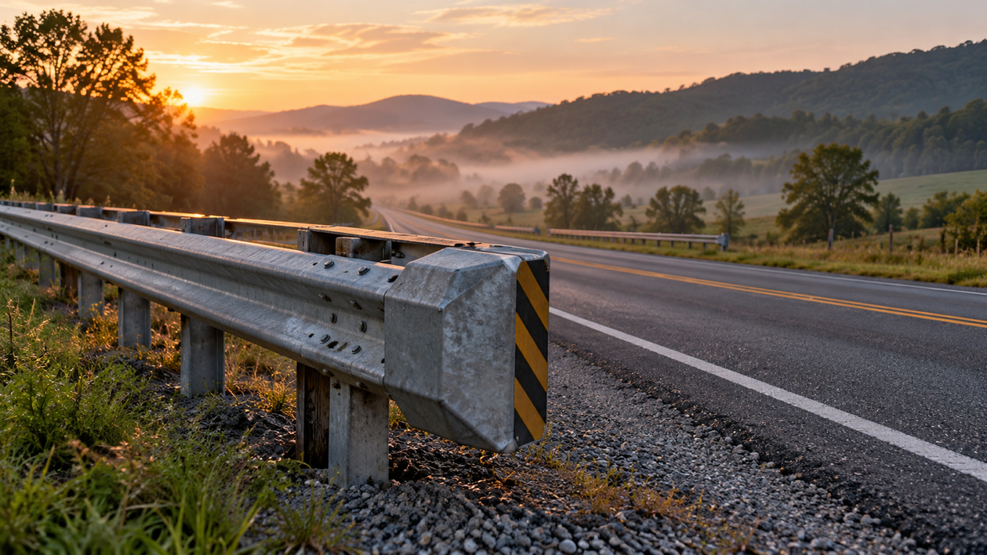 Extrémité d’une glissière de sécurité en acier au bord d’une autoroute rurale du Tennessee, au petit matin
