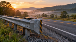 Extrémité d’une glissière de sécurité en acier au bord d’une autoroute rurale du Tennessee, au petit matin